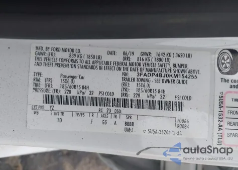 2019 Ford Fiesta Se из США, поврежденный, VIN 3FADP4BJ0KM154255